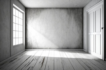 Empty a white interior of vintage room - gray grunge concrete wall and old wood floor. Realistic 3d as perfect background for your concept or project Generative AI