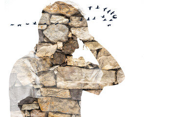 Triple exposure, worried man but with free thoughts.