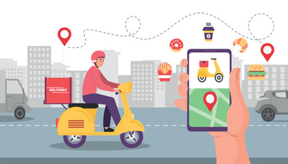 Food delivery service concept. Character with smartphone in his hand buys groceries in store. Modern technologies and online shopping. Courier on scooter in city. Cartoon flat vector illustration © Rudzhan