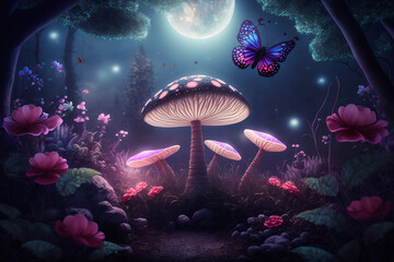Fototapeta na wymiar Fantasy Magical Mushrooms and Butterfly in Enchanted Fairy Tale Dreamy Elf Forest.