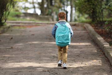 Little boy with backpack going to school, back view