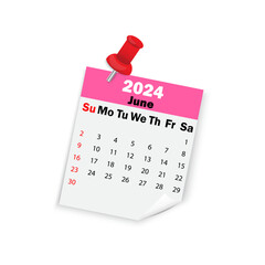 Pink calendar 2024 June on pin. Vector illustration.