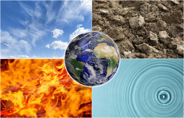 Set of four elements with globe. Air, Earth, Fire and Water