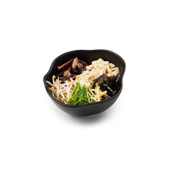 Vegetable Ramen soup black plate on White Background Isolate