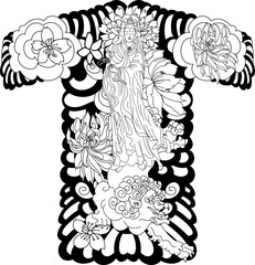 Fototapeta premium Guan Yin women god of Buddhism with cherry blossom design for traditional tattoo.Chinese god with chrysanthemum flower and marigold flower tattoo design.