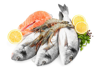 Fresh dorado fish, salmon and shrimps on white background, top view