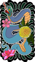 black and white Japanese snake cobra with chrysanthemum flower design.doodle and coloring book snake with cloud isolate on white background for tattoo style.Traditional Japanese culture for printing