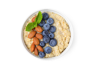 Bowl of delicious cooked quinoa with almonds and blueberries isolated on white, top view