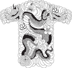 black and white Japanese snake cobra with chrysanthemum flower design.doodle and coloring book snake with cloud isolate on white background for tattoo style.Traditional Japanese culture for printing