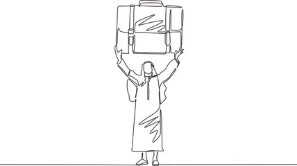 Single one line drawing Arabian manager or businessman raises big briefcase. Business person has achieved success. Rejoices in success. Modern continuous line draw design graphic vector illustration