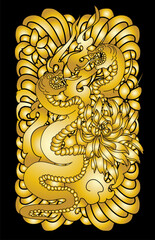 black and white Japanese snake cobra with chrysanthemum flower design.doodle and coloring book snake with cloud isolate on white background for tattoo style.Traditional Japanese culture for printing