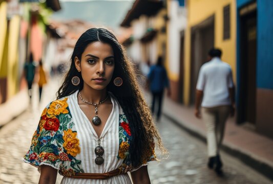 colombian woman posing in a colombian city. Generative AI