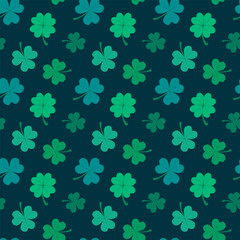 Seamless floral pattern. Clover green leaves isolated on dark background. Symbol of St. Patrick's Day. Vector Illustration in flat style. Design for fabric, wrapping paper, background, wallpaper.