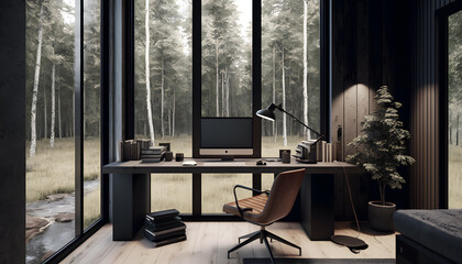 A Cozy Home Office Interior with Furniture in the Wild Woods, AI Generative	