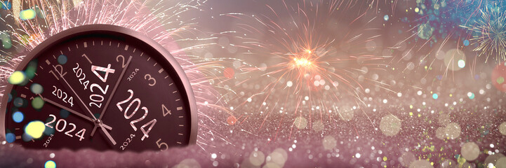 New 2024 Year greeting card with clock, fireworks and glitter, banner design. Space for text