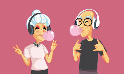 Funny Cool Elderly Couple Being Trendy Vector Cartoon Illustration. Happy married grandpa and grandma feeling young at soul
