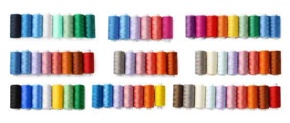 Set of different colorful sewing threads on white background, top view