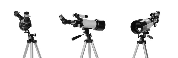 Collage of tripod with modern telescope on white background, views from different sides