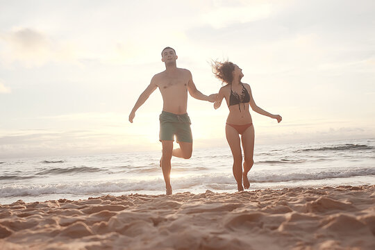 young couple on the beach, romantic person summer sea vacation