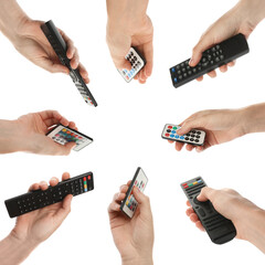 People holding different remote controllers on white background, closeup. Collage design