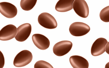 Many chocolate eggs falling on white background