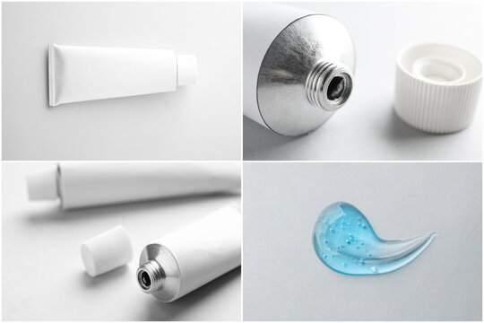 Collage with tube and sample of ointment on white background