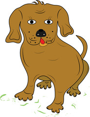 Childrens picture of a sitting brown puppy. Single small brown dog, childish cardboard. Object png and jpg.