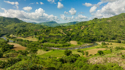Aerial drone of tropical landscape with mountains and hills. Philippines.