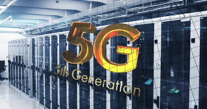 Animation of 5g text, mathematical equations and data processing over computer servers