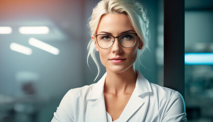 female doctor wearing eyeglasses looking straight ahead and determined. Generative AI