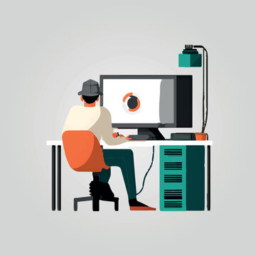 man working on his computer, minimalistic vector illustration