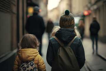Rear view of a child and sister in a street, looking, contemplating, generative ai