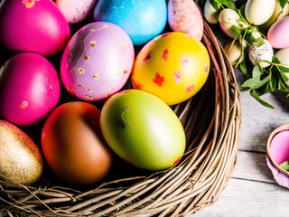 Vibrant Easter eggs in a charming basket