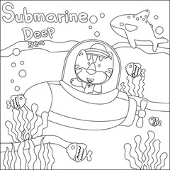Vector illustration of little tiger driving submarine with cartoon style, Childish design for kids activity colouring book or page.