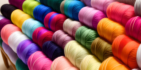 close-up of many multicolored spools of thread on a table with white and black background, color, cross stitch, arts and crafts