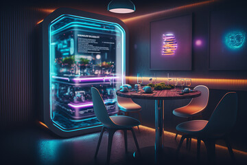 automation futuristic restaurant with smart screen or hologram, future concept, generative ai