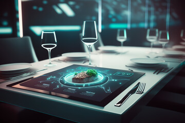 automation futuristic restaurant with smart screen or hologram, future concept, generative ai