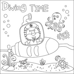 Coloring picture of cartoon submarine ship. cute little lion sailor, Childish design for kids activity colouring book or page.