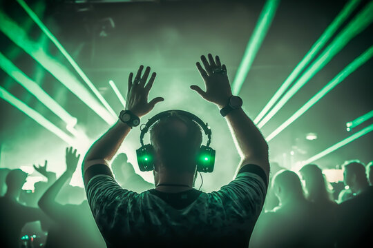 Dj with hands up in a nighclub, with green lasers, generative ai