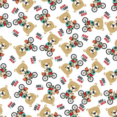 Colorful seamless pattern with cute cartoon bear riding bicycle . Endless texture for fabric, baby clothes, background, textile, wallpaper and other decoration.