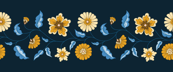 Indian Trailing Flowers Vector Seamless Hotrizontal Pattern Border. Cottagecore Chintz Floral Background. Delicate Summer Boho Print