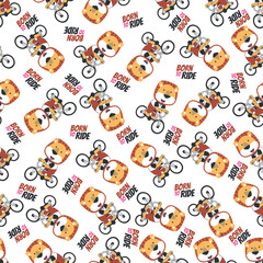 Fototapeta premium Colorful seamless pattern with cute cartoon lion riding bicycle . Endless texture for fabric, baby clothes, background, textile, wallpaper and other decoration.