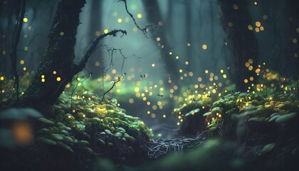 beautiful mystical Magic forest, fireflies fly in the fog, generative AI