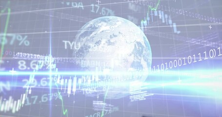 Animation of trading board and multiples graphs with globe over falling dollar bills in background - Powered by Adobe