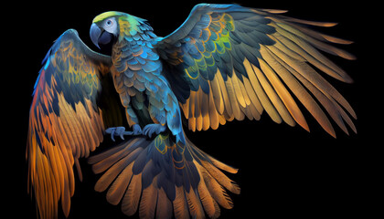 Colorful macaw parrot on night sky background.