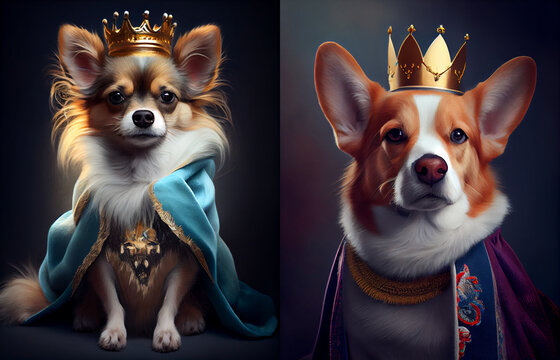 Cute dog in a royal dress with Background with flowers. One tone background.