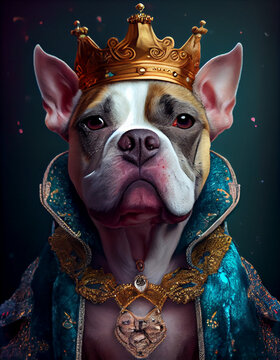 Cute dog in a royal dress with Background with flowers. One tone background.