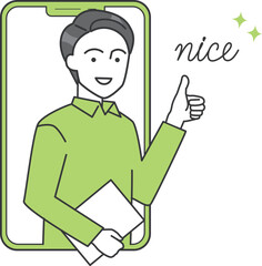 ビジネスパーソン（男性）がスマホからグッドポーズをしているベクターイラスト