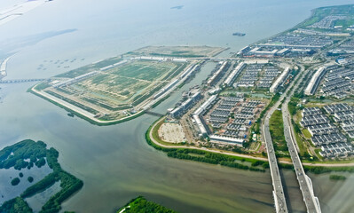 aerial view of reclamation island in jakarta bay