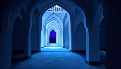 Fototapeta na wymiar Islamic Mosque Interior Corridor Beautiful blue Lgiht perfect background for islamic posts